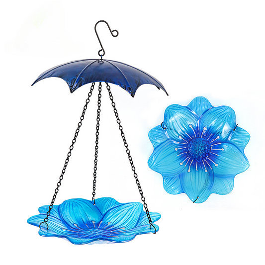 Blue Metal Bird Feeder - Flower Shape, Glass Dish, Outdoor Garden Decoration, Easy to Clean, Long-lasting