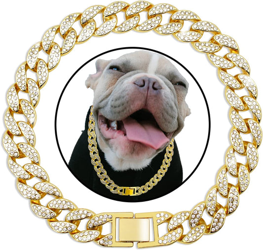 Cuban Link Dog Collar Diamond Gold Chain Dog Collar Walking Metal Gold Chain for Dogs with Design Secure Buckle,Pet Cuban Collar Jewelry Accessories for Small, Medium, Large Dogs and Cats