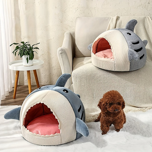 Cute Shark Pet Bed - Semi-Closed Warm & Soft Dog/Cat Bed, Water-Resistant with Non-Skid Bottom
