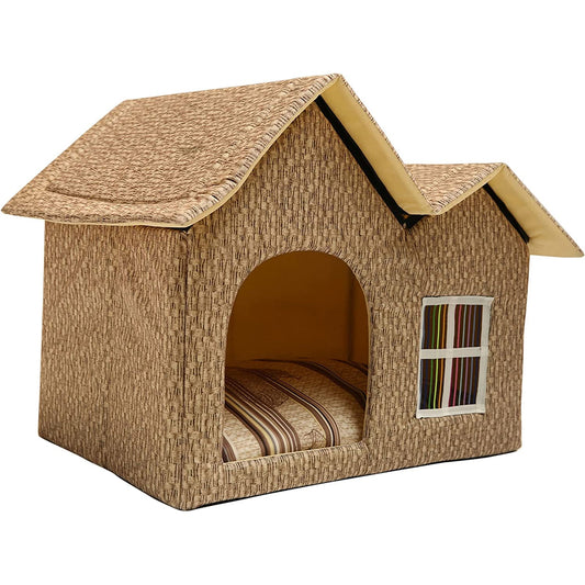 Fullymart Luxury Double Roof Dog House Room & Cat Bed, High-End Portable Folding Kennel, Indoor & Outdoor, for Pets - Beige